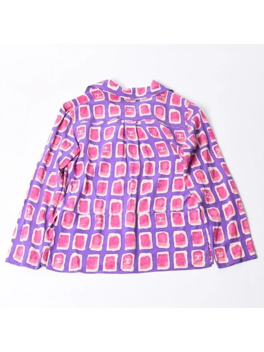 Chanel Zip Up Long Sleeve Silk Shirt CC Logo Coco Cube Purple 36